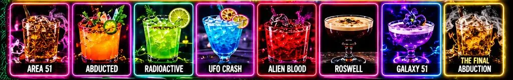 Signature cocktails: Area 51, Abducted, Radioactive, UFO Crash, Alien Blood, Roswell, Galaxy 51, The Final Abduction
