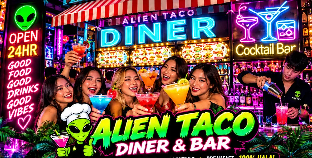 Alien Taco Diner and Cocktail Bar neon sign with friends toasting cocktails